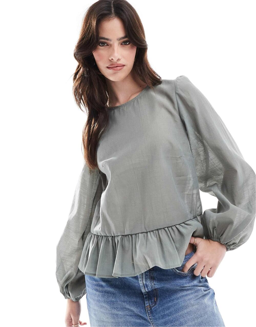 ASOS Sage Green Balloon Sleeve Peplum Blouse Ruffle Hem Plus Sz 14 Cottagecore